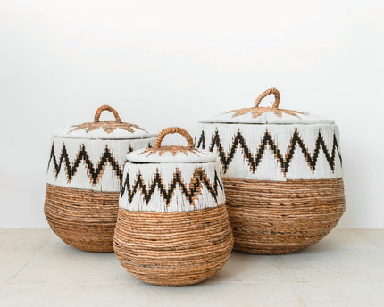 Wasmand met deksel – Boho Wasmand Rond – Grote Boho Mand – Geweven Mand met Katoenpatroon PALEM (3 maten Ø33/43/55cm)