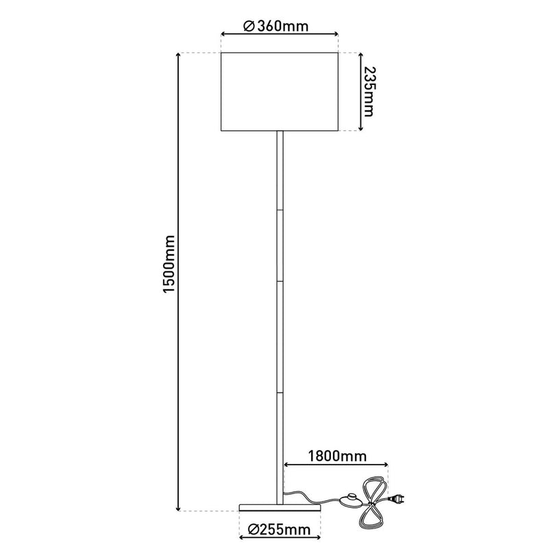 Textiel staande lamp "Tessile", vloerlamp gemaakt van metaal, rubberen boom en stof in wit en natuur, E27 -aansluiting, staande lamp 126 cm hoog