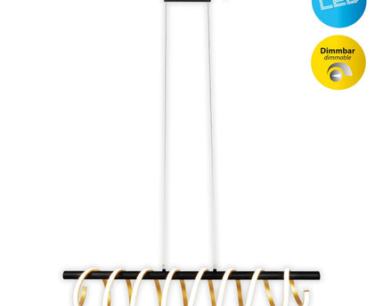 LED -hanglamp "Belleza", moderne metalen hanglamp en plastic zwart, goud en wit, met stevig ingebouwde LED's, 100 cm lang. De ideale verlichting voor woonkamer, eetkamer of keuken.