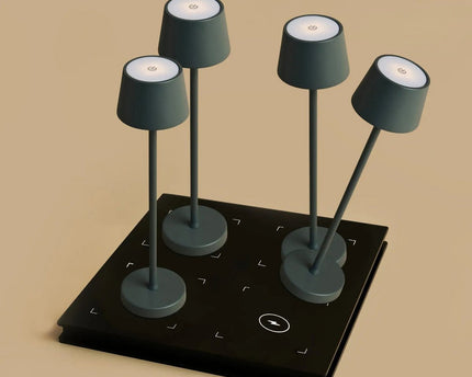 Combi Set Professional – 4 x Vondel Mini Stone Grey Rechargeable Table Lamps & 1 x Amstel Wireless Charging Station with Q1-Technology – Perfect for Restaurants, Hospitality & Hotels
