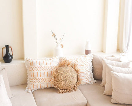 Rond Boho Kussen met Franjes Decoratief Kussen Ø40/50 cm Sierkussen van Raffia Bankkussen met Vulling TARAKAN beige
