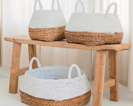 Geweven opbergmand wit – Boho decoratieve mand – vierkante wasmand – plankmand gemaakt van bananenvezel MAJALENGKA wit (3 maten)