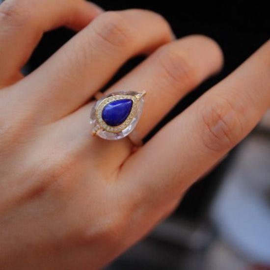 Lapislazuli peer-cut heldere kwartskristalring