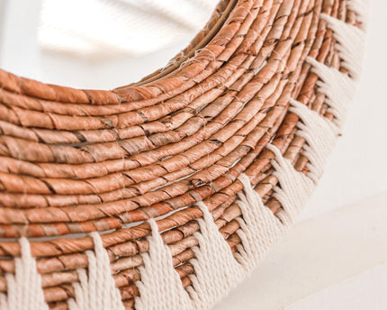 Ronde Boho Spiegel 60 cm | Handgemaakte geweven wandspiegel AWAN | Wanddecoratie met patroon gemaakt van katoenen koorden