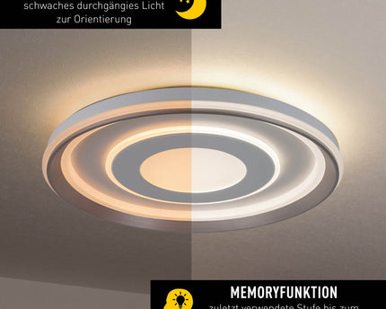 LED-plafondlamp "Doira" Ø 50,5 cm, 7,5 cm hoog, metaal en plastic in zilver en wit, geïntegreerde LED's, 3600 lm licht licht, dimable, CCT-functie 3000-6500 K, nachtlichtfunctie