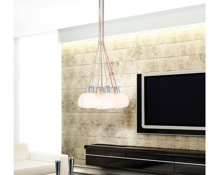 Hanglamp "regenboog-bowl" in totaal 120 cm hoog, 7 glazen schermen Ø 16 cm, gemaakt van chroomkleurig metaal, opaalwit glas en kleurrijke voeding, E14-versies
