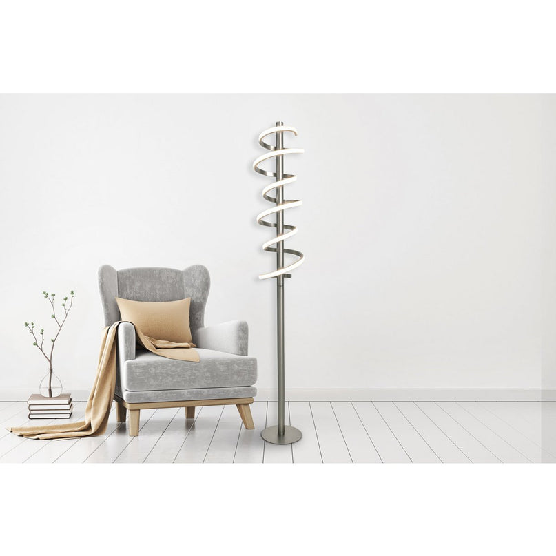 LED staande lamp "Belleza", moderne vloerlamp gemaakt van metaal en plastic in nikkel mat en wit, met stevig ingebouwde LED's, 140 hoog, verlichting voor woonkamer, eetkamer, slaapkamer of kantoor.