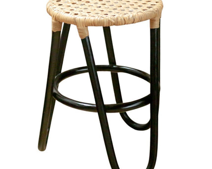 Rotan Kruk KOLAKA Zwart Ø35 cm met Geweven Zitvlak | Kleine ronde kruk met drie poten