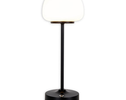 LED -batterij/ tafellamp "Pina" 30 cm hoog, gemaakt van metaal (zwart) en glas (wit), geïntegreerde LED's, warm wit