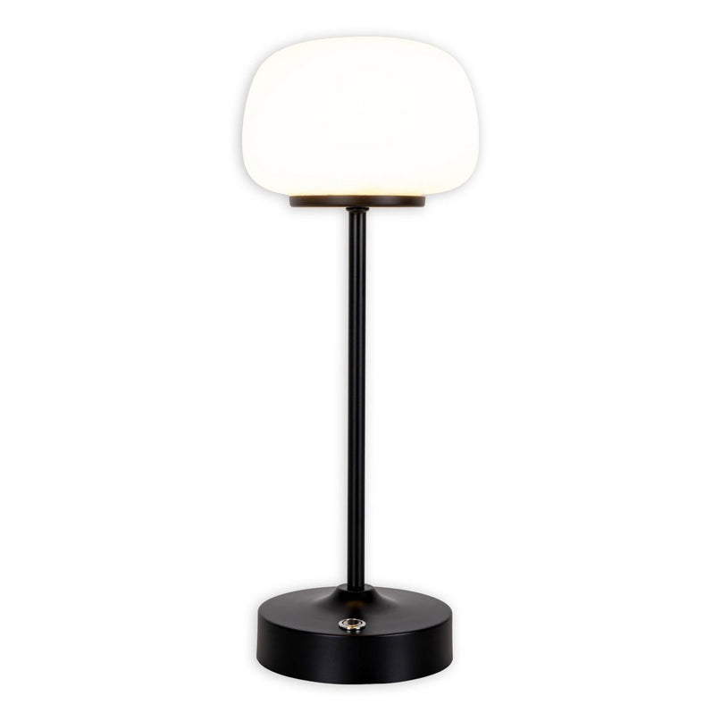 LED -batterij/ tafellamp "Pina" 30 cm hoog, gemaakt van metaal (zwart) en glas (wit), geïntegreerde LED's, warm wit