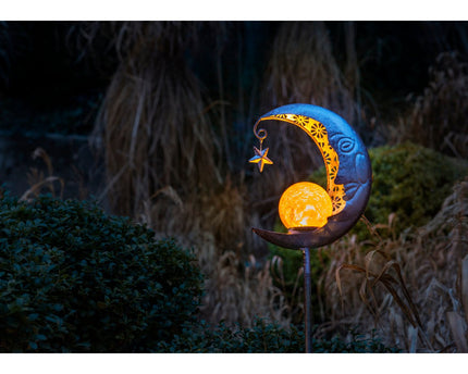 Led Solar Earth Spit "Moon", voor buiten, metaal en glazen aarde spies in zilver, met geïntegreerde LED