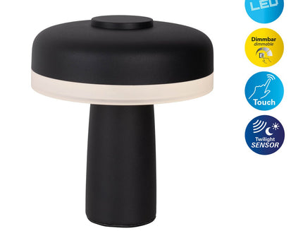 Draadloos tabletlicht "pilu", 16,5 cm hoog, boven Ø van 15 cm, metaal in zwart, wit plastic, geïntegreerde LED's, 280 lumen, dimbaar door aanraaksensor, warm wit wit