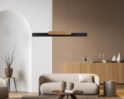 LED hanger lamp Brown "Wiebke" bestaat uit metaal en hout (MDF) in zwart en bruin. Het is ongeveer. 120,5 cm lang, ca. 6 cm breed en tot ongeveer. 150 cm hoog. Hoogte verstelbaar, met geïntegreerde lamp, dimbaar, met geheugeneffect