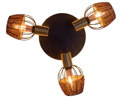3 "Corbis" plafond Rondel, metalen plek in zwart, met goud en rattan, met E14 -aansluiting, voor eetkamer, woonkamer, gang of kantoor, verlichting voor woonkamer, eetkamer of kantoor, 38 cm diameter, diameter van 38 cm