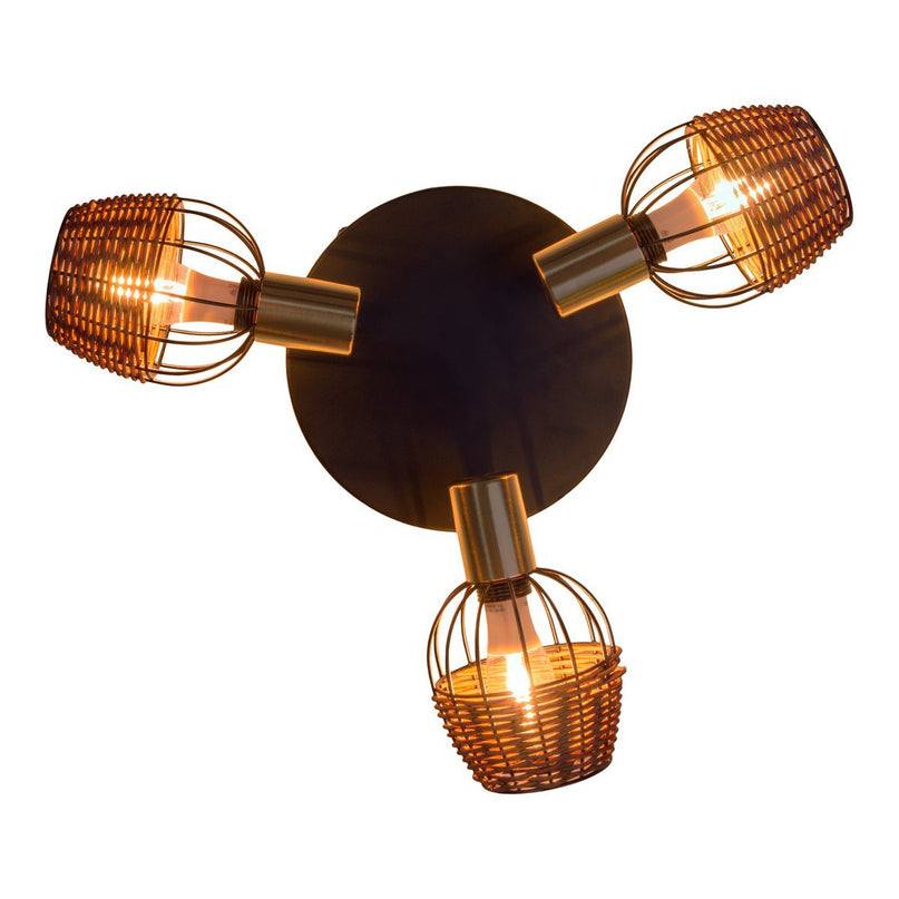 3 "Corbis" plafond Rondel, metalen plek in zwart, met goud en rattan, met E14 -aansluiting, voor eetkamer, woonkamer, gang of kantoor, verlichting voor woonkamer, eetkamer of kantoor, 38 cm diameter, diameter van 38 cm