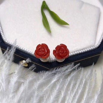 Tijdloos Red Coral Rose Flower Ear studs-18k goud