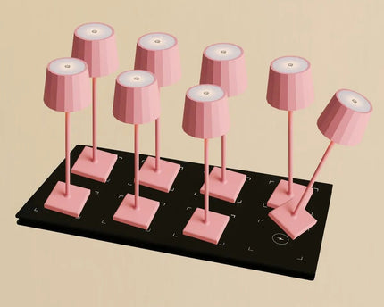 Combi Set Professional-8 x Wouter Flamingo Roze oplaadbare tafellampen & 1 x Central Station draadloos laadstation met Qi-Technology-Perfect voor restaurants, gastvrijheid en hotels