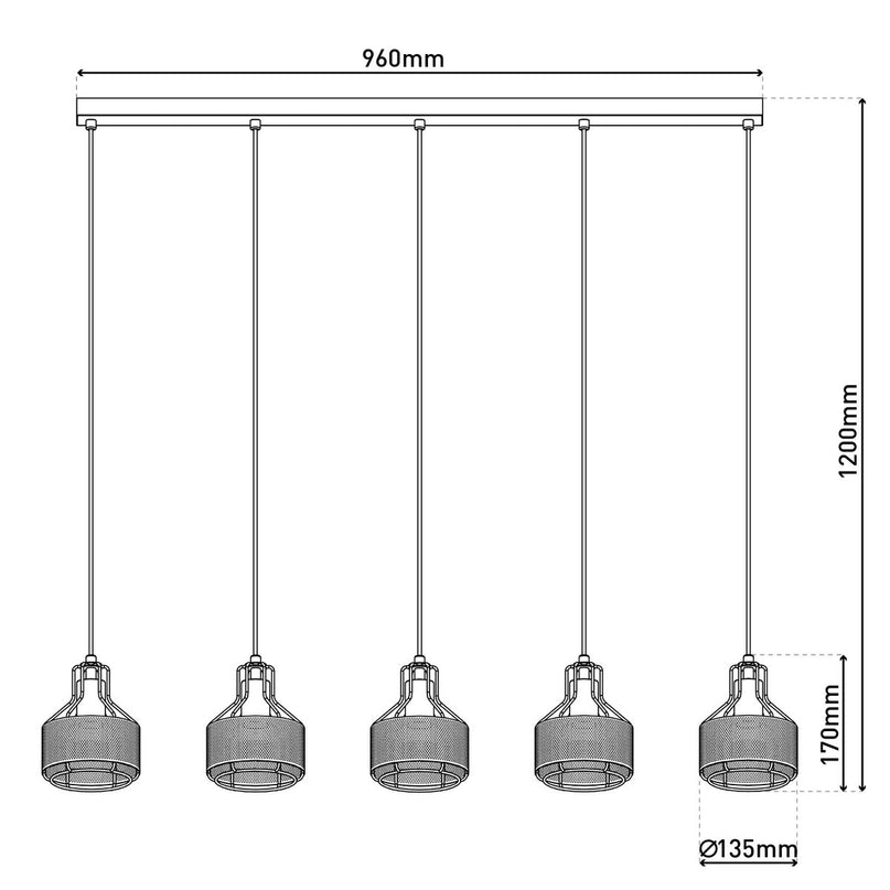 5 hanger lamp "foro" retro hanger lamp gemaakt van metaal in zwart en goud met E27 -versies, 96 cm lang. Stijlvolle verlichting voor woonkamer, eetkamer of keuken.