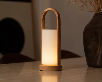 Evie Lichtbruine Oplaadbare Houten Tafellamp – Dimbaar & Snoerloos