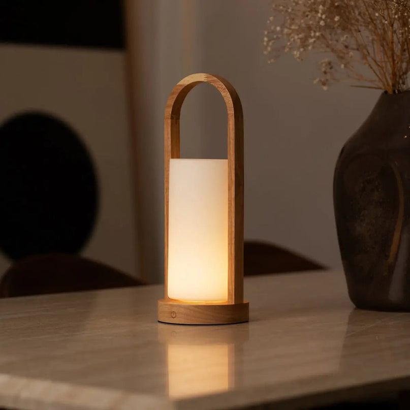 Evie Lichtbruine Oplaadbare Houten Tafellamp – Dimbaar & Snoerloos