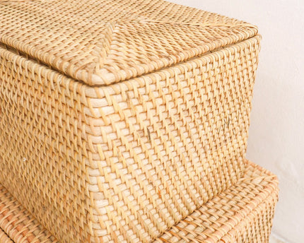 Opbergmand met deksel – Plankmand gemaakt van beige rotan – Handgeweven decoratieve mand GRAHA (2 maten)