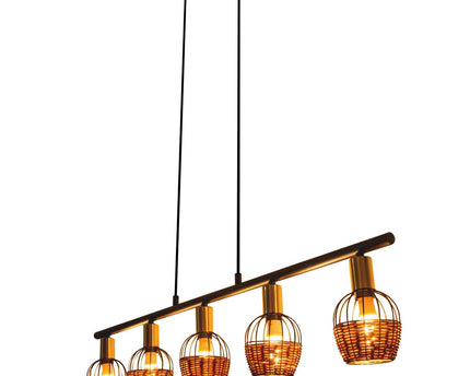 5 hanglamp "Corbis", echtelijke lamp gemaakt van zwart in zwart, met goud en rotan, met E14 -aansluiting, voor eetkamer, woonkamer, gang of kantoor, 100 cm lang