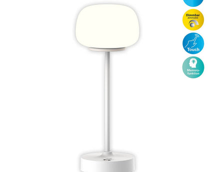 LED -batterij/ tafellamp "Pina" 30 cm hoog, gemaakt van metaal (wit) en glas (wit), geïntegreerde LED's, warm wit