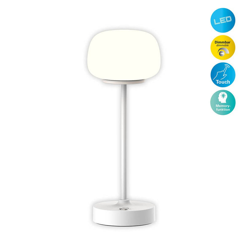 LED -batterij/ tafellamp "Pina" 30 cm hoog, gemaakt van metaal (wit) en glas (wit), geïntegreerde LED's, warm wit