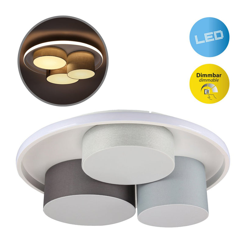 3-geleide plafondlicht "Eppan" Ø 56 cm, gemaakt van metaal, plastic en textiel in grijs, geïntegreerde LED's, verlichting voor woonkamer, kantoor of toegangsruimte