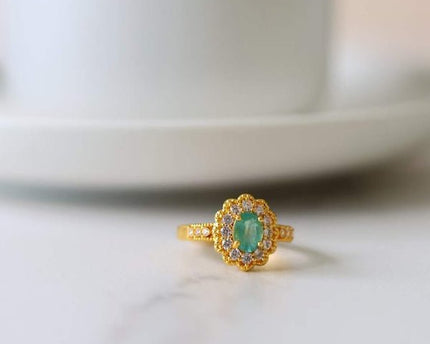 Emerald Gemstone Flower Ring - Real Emerald -verstelbaar
