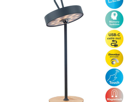 LED -batterijtafellamp magnetisch voor buiten en binnen, gemaakt van metaal en plastic in grijs, 36 cm hoog