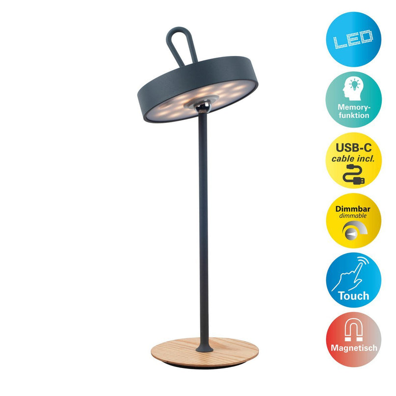 LED -batterijtafellamp magnetisch voor buiten en binnen, gemaakt van metaal en plastic in grijs, 36 cm hoog