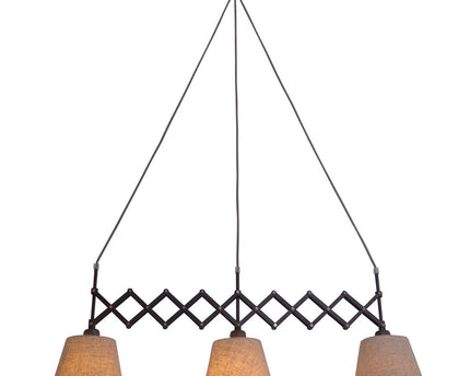 Shear hanger lamp "Adrienne", breedte uit te strekken van 52-100 cm, gemaakt van bruin metaal met natuurlijk gekleurde textiel parasols, E27-versies, verlichting voor woonkamer, eetkamer of kantoor
