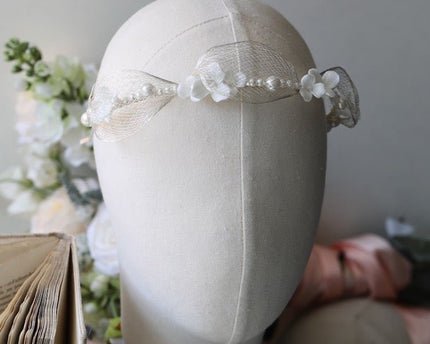 Romantische zilveren mesh bruidshoofdband-keramische bloemen