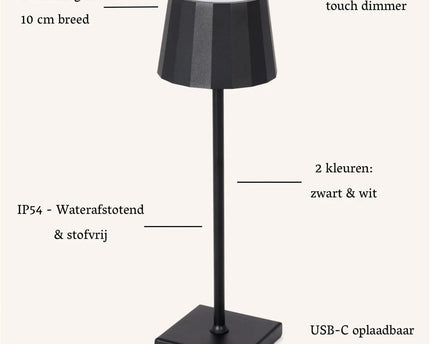 William Black oplaadbare ijzeren tafellamp – 120 uur batterij, dimbaar, opladen via USB-C