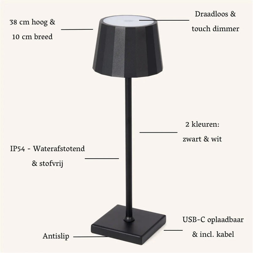 William Black oplaadbare ijzeren tafellamp – 120 uur batterij, dimbaar, opladen via USB-C