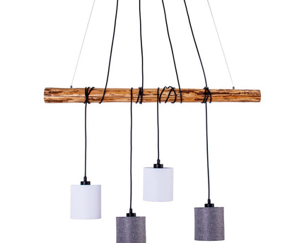 4 hanglamp "Malta" gemaakt van metaal en hout, met textielparaplu's in grijs en wit, E27 -aansluiting, verlichting voor woonkamer, kantoor of nachtkastje