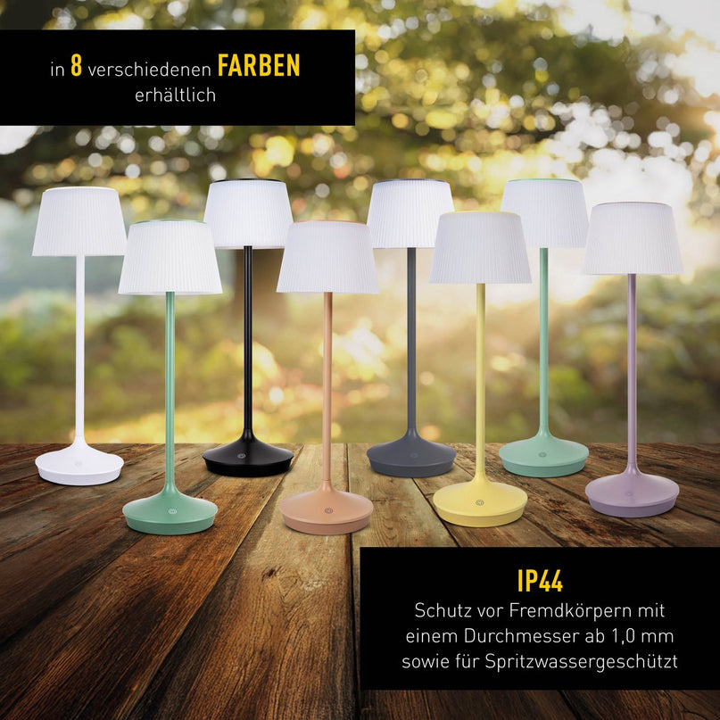 Zonne -batterijlamp "EMMI" 38 cm hoog, paraplu Ø 13 cm, metaal in amandel en wit plastic, voor de buitenruimte, dimable CCT.