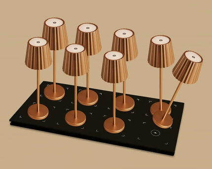 Combi Set Professional-8 x Maya koper oplaadbare tafellampen en 1 x centraal station draadloos laadstation met qi-technologie-perfect voor restaurants, gastvrijheid en hotels