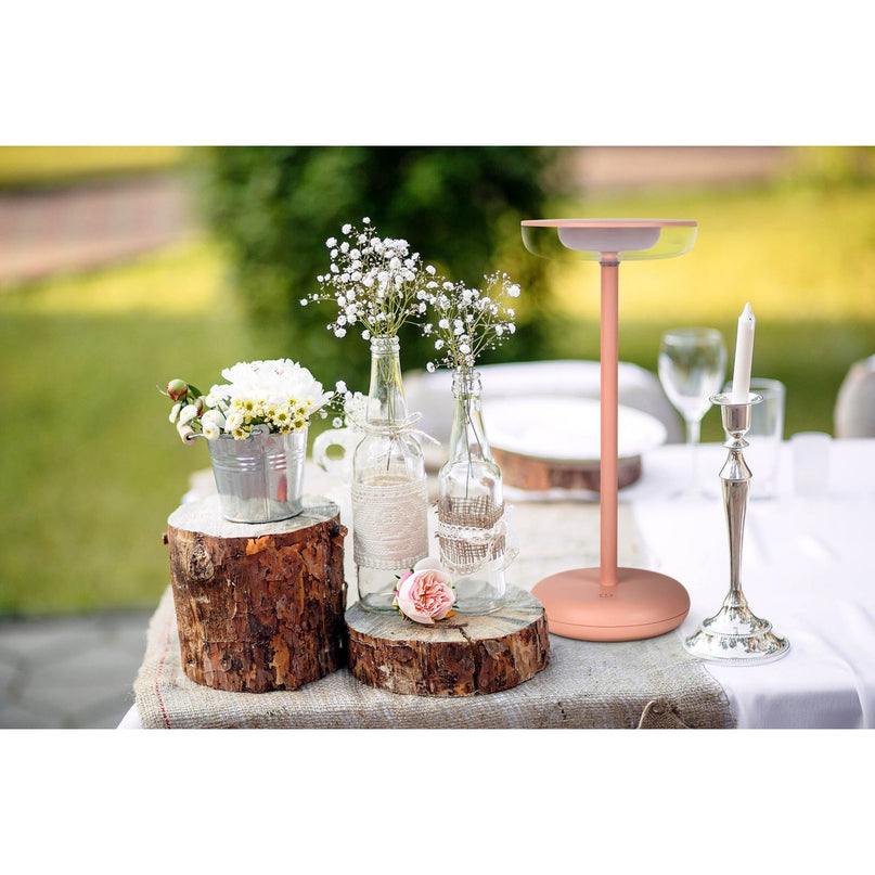 Noteloze tabletlicht "PASI" voor buiten en binnen, gemaakt van metaal en plastic in roze, dimbaar, met aanraking en geheugenfunctie, ca. 26 cm hoog