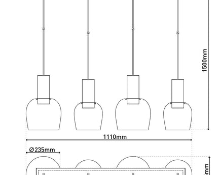 4-be hanger lamp "funda", retro hanger lamp gemaakt van amber-gekleurd glas en mat geborsteld, messing gekleurd metaal, met E27 verticals, 111 cm lang, 150 hoog, ideaal voor eetkamer, woonkamer en keuken.