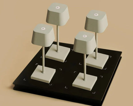 Combi Set Professional-4 X Sarphati Mini Shadow Gray Oplaadbare tafellampen voor gastvrijheid en 1 x Amstel Wireless Lay Station met Qi-Technology-Perfect voor restaurants, gastvrijheid en hotels