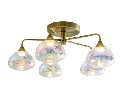 LED-plafondlamp 5-flame "varna", plafondlamp gemaakt van messing gekleurd metaal en irisglas, met stevig geïnstalleerde LED's, 50 cm diameter, stijlvolle verlichting voor woonkamer, eetkamer of gang