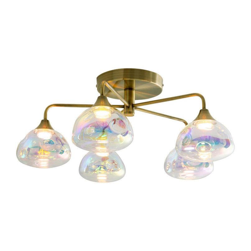 LED-plafondlamp 5-flame "varna", plafondlamp gemaakt van messing gekleurd metaal en irisglas, met stevig geïnstalleerde LED's, 50 cm diameter, stijlvolle verlichting voor woonkamer, eetkamer of gang