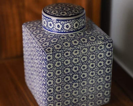 Blauw-witte porseleinen bloemenvaas (vierkante stijl)