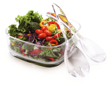 Vierkante kom en acryl salade bestek