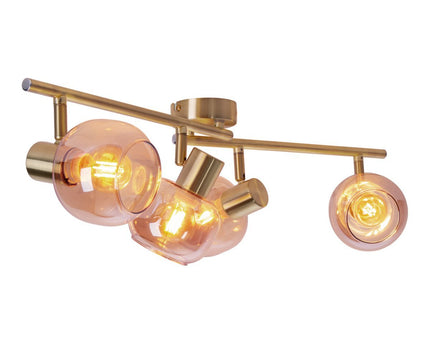4er spot/plafondlamp "libby", klassieke plafondlamp gemaakt van messing gekleurd metaal en getinte glas in barnsteen, met E14-aansluiting, voor eetkamer, woonkamer, gang of kantoor, 80 cm lang