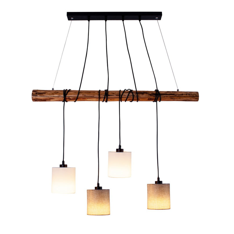 4 hanglamp "Malta" gemaakt van metaal en hout, met textielparaplu's in grijs en wit, E27 -aansluiting, verlichting voor woonkamer, kantoor of nachtkastje
