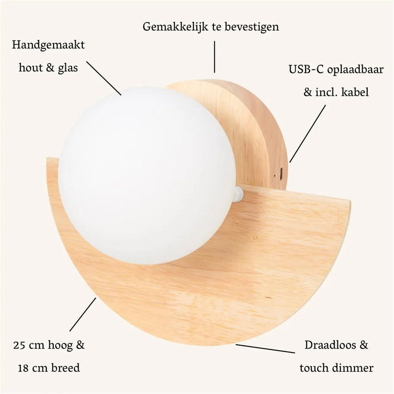 Kane lichtbruine draadloze wandlamp – oplaadbare lamp van hout en glas