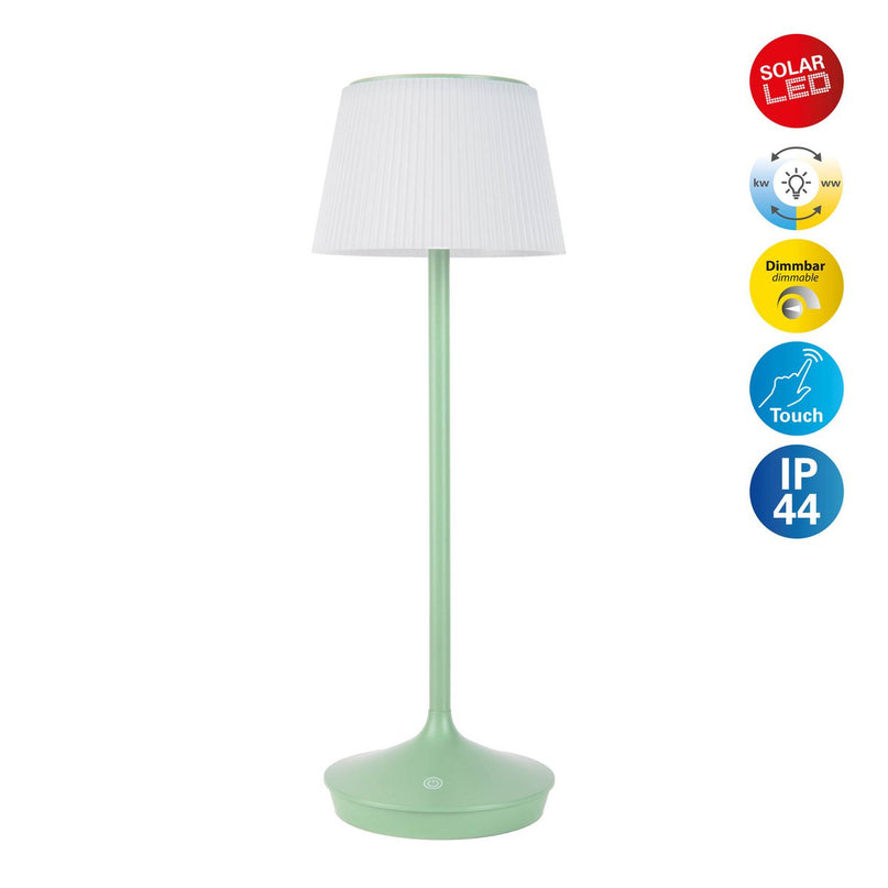 Zonne -batterijlamp "EMMI" 38 cm hoog, paraplu Ø 13 cm, metaal in mint en wit plastic, voor de buitenruimte, dimable CCT.